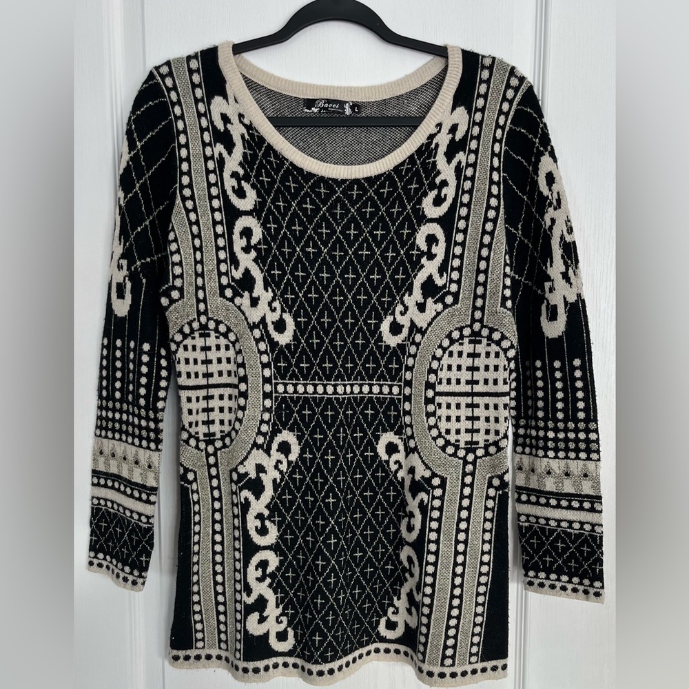 Bacci Black/Beige Gold Thread Patterned Tunic Sweater(10% Angora) Sz Lg